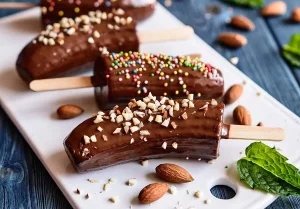 Przepis na banany w czekoladzie, zbliżenie na banany oblane czekoladą, posypane kolorową posypką lub z mielonych orzechów