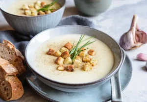 zupa czosnkowa, jak zrobić pyszną zupę czosnkową? zupa czosnkowa z grzankami, jasna miska z zupą czosnkową