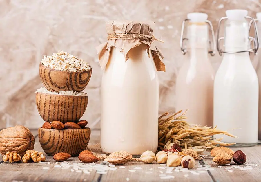 Zdjęcie przedstawia mleko roślinne, przygotowane w domu z różnych nasion, zbóż i orzechów.